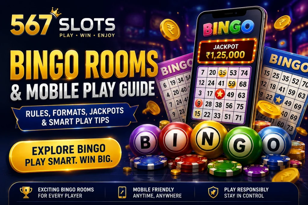 567 Slots Bingo rooms and mobile play guide banner with bingo cards, jackpot screen, coins, and smart play elements for Indian players.