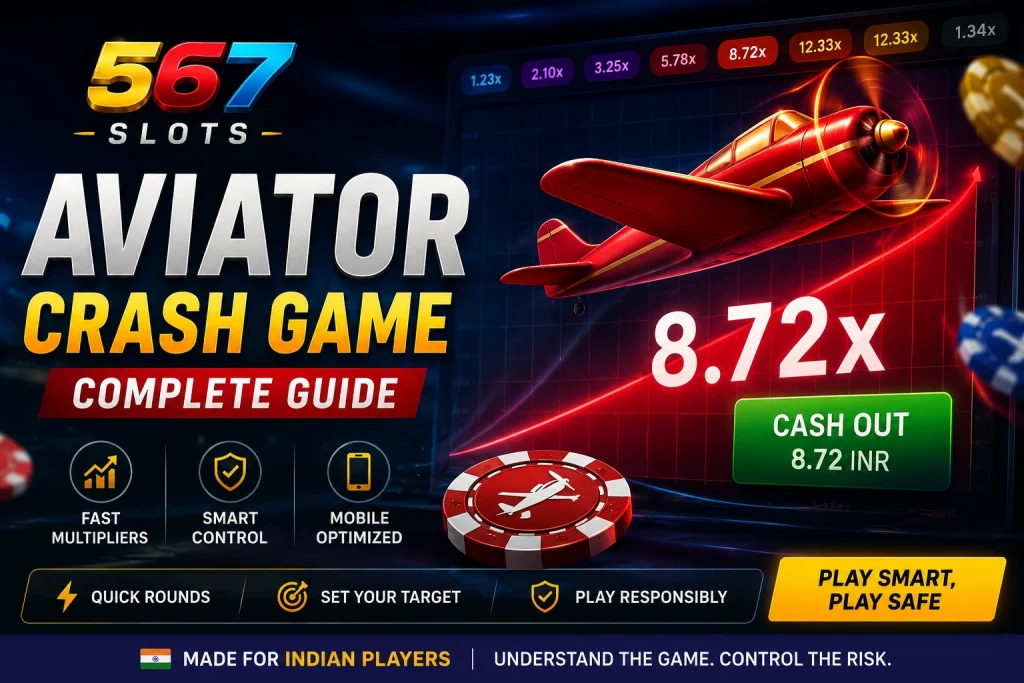 567 Slots Aviator crash game guide banner with red airplane, rising multiplier chart, cash-out button, and smart play elements for Indian players.
