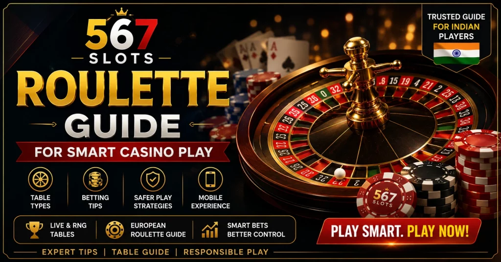 Premium 567 Slots Roulette Guide banner with luxury roulette wheel, casino chips, and smart play call-to-action for Indian players.