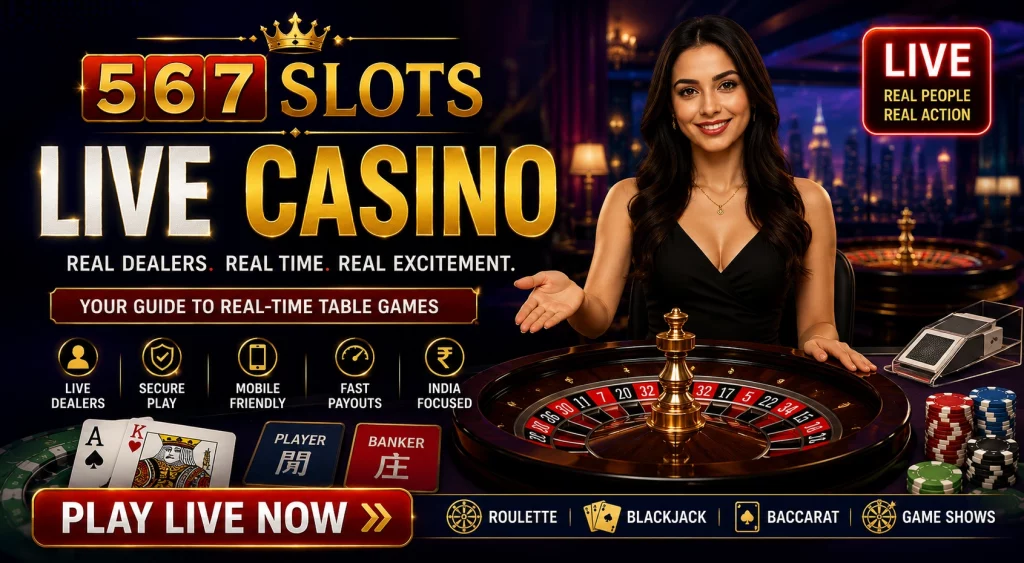 567 Slots Live Casino guide banner featuring real dealer, roulette table, blackjack cards, baccarat elements, and live table gameplay for Indian players.