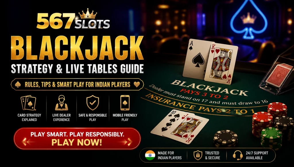 567 Slots Blackjack strategy and live tables guide banner with cards, chips, and smart play elements for Indian players.
