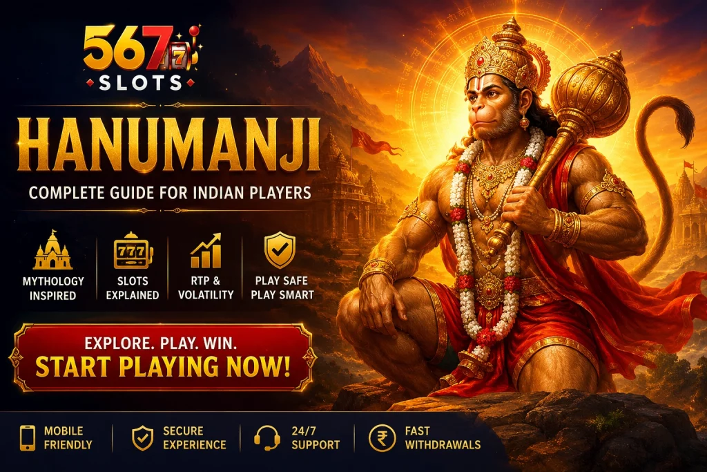 Hanumanji complete guide banner for Indian players on 567 Slots with mythology-inspired theme, RTP, volatility, mobile play and responsible gaming highlights