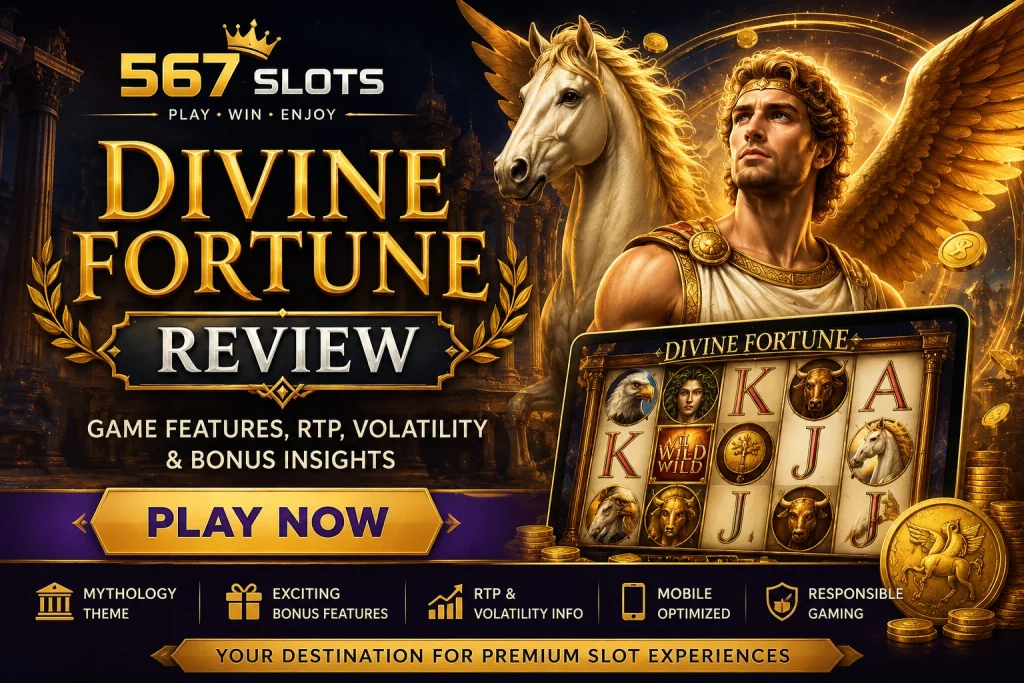 Divine Fortune review banner for 567 Slots with mythology theme, golden temple, Pegasus, slot reels, RTP and bonus insights.