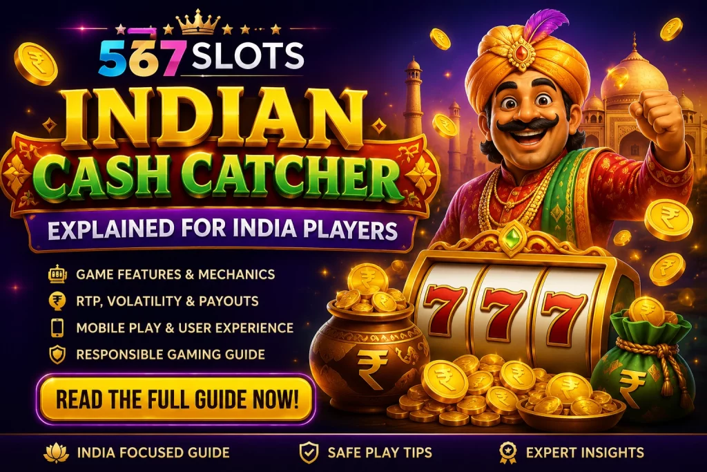 Indian Cash Catcher explained for India players on 567 Slots with rupee coins, slot reels, RTP, volatility and responsible gaming guide elements