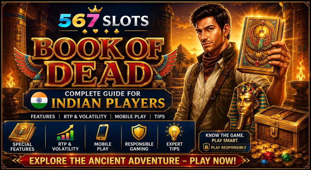 567 Slots Book of Dead banner for Indian players with Egyptian adventure theme, golden book, RTP, volatility, mobile play and responsible gaming highlights