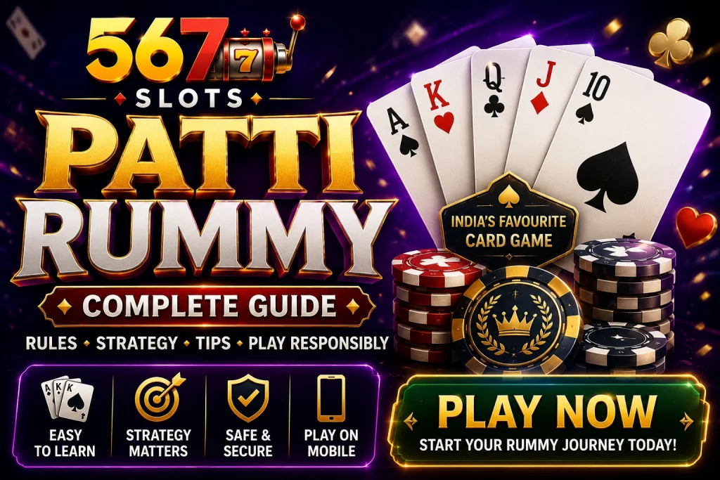 Patti Rummy complete guide banner for 567 Slots with playing cards, casino chips, strategy tips, mobile play and responsible gaming highlights