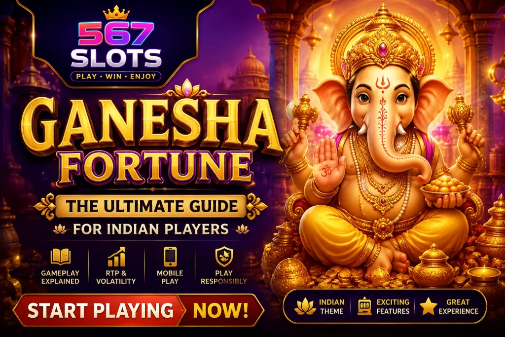Ganesha Fortune banner for 567 Slots with Indian-inspired gold theme, RTP, volatility, mobile play and responsible gaming highlights