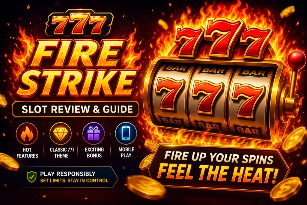 777 Fire Strike slot review banner featuring flaming 777 symbols, classic slot machine reels, gold coins, fire effects, and a modern casino-style design for 567 Slots.
